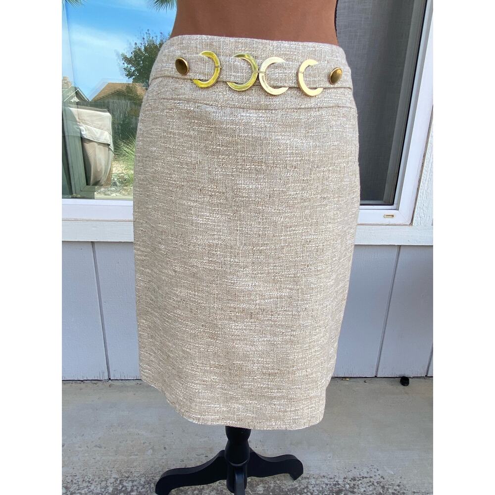 Antonio Melani Neutral Tweed Gold‎ Accent Belted Skirt Fully Lined Size 8